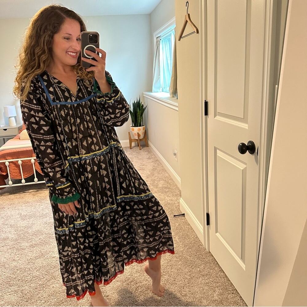 Warm NY Black Ikat Colorful Block Printed Long Sleeve Maxi Dress Small - Picture 2 of 14